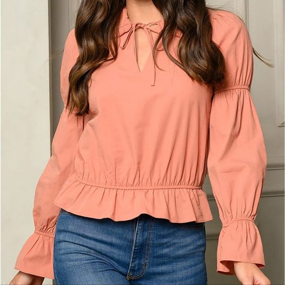 LONG SLEEVE SMOCK FRONT TIE TOP Rose - Picture 1 of 3